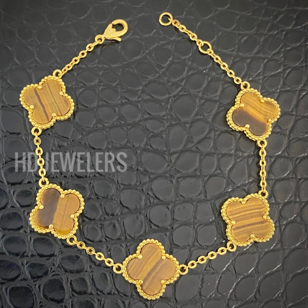 Vintage 5 Tiger’s Eye Motif Clover Gold Four Leaf Flower High Quality Bracelet
